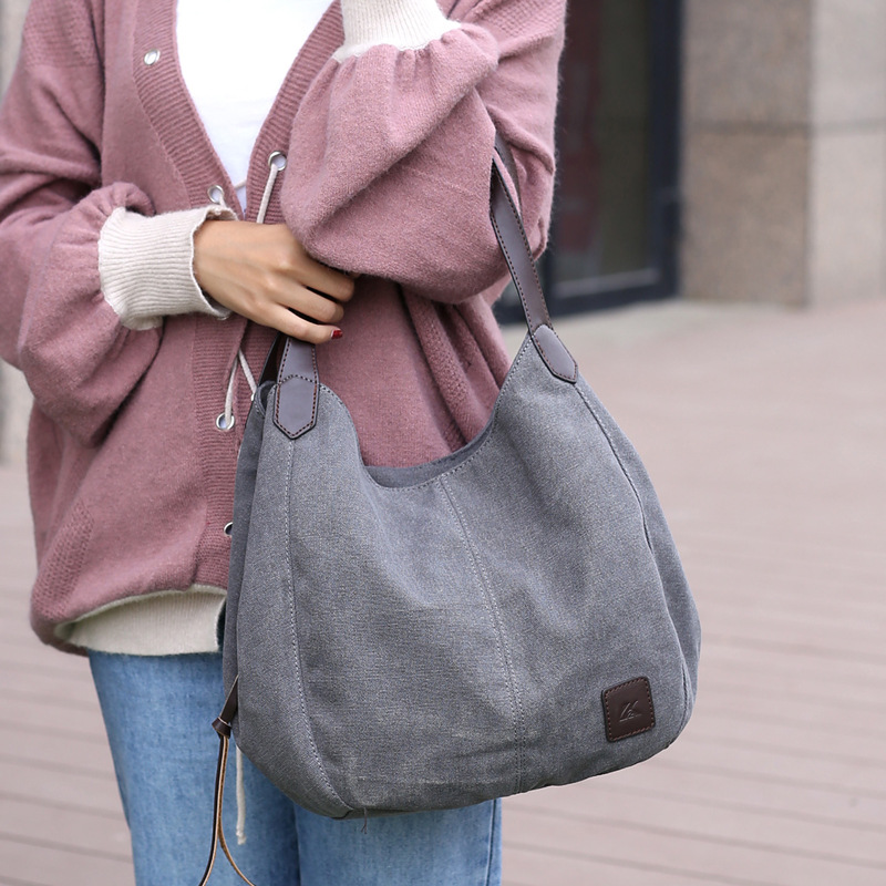 New Canvas Bag Women's Bag Fashionable All-Match Artistic Simple Korean Style Shoulder Handbag Multi-Compartment Casual Big Bag