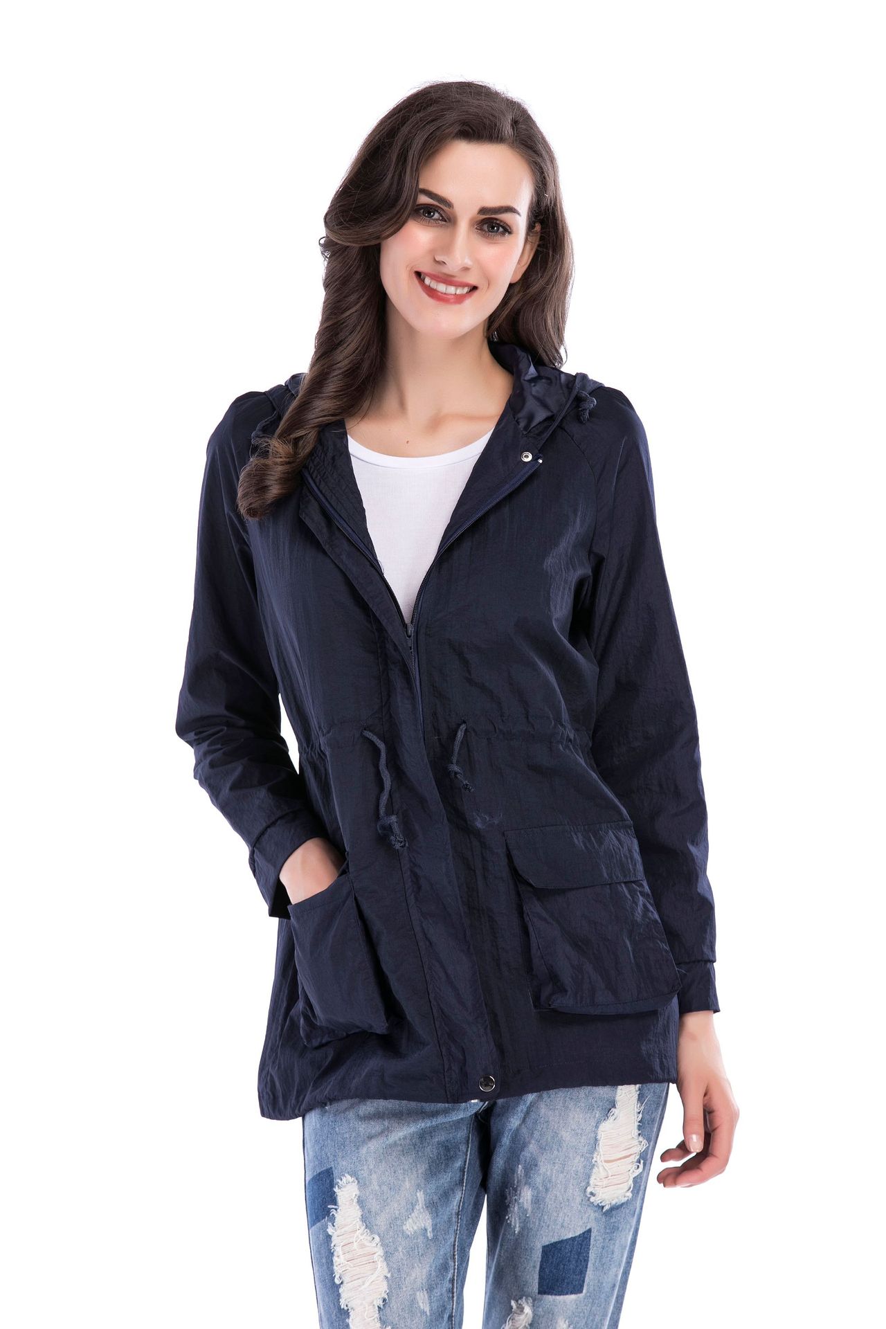 2017秋季爆款 ebay 亚马逊 欧美长袖连帽户外运动风衣女士外套 现