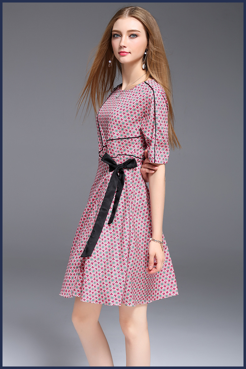 欧美女士裙子2017夏季女装新款修身蝴蝶结波点印花连衣裙72462