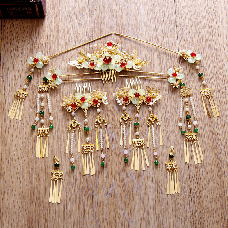 2017新款中式新娘古装头饰套装绿色复古发饰旗袍秀禾凤冠金色手工