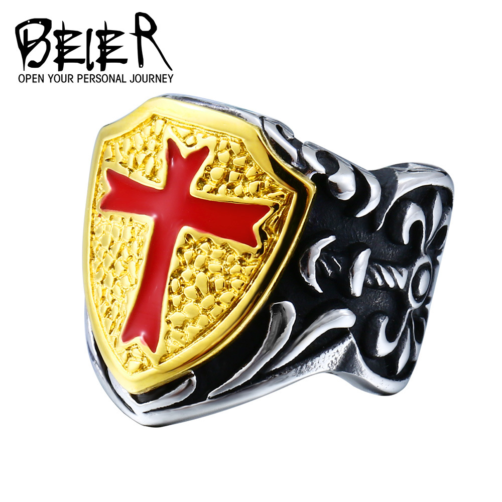 beier欧美复古钛钢饰品批发 男士中世纪圣殿骑士团十字戒指指环
