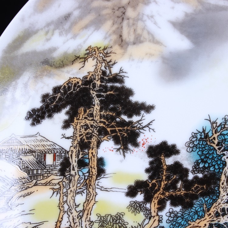 景德镇陶瓷器粉彩山水画挂盘装饰盘子现代时尚客厅家居工艺品摆件