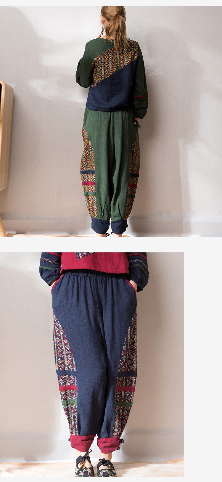 偏不2018新款春夏民族风棉麻女装灯笼裤印花拼接盘扣装饰女裤