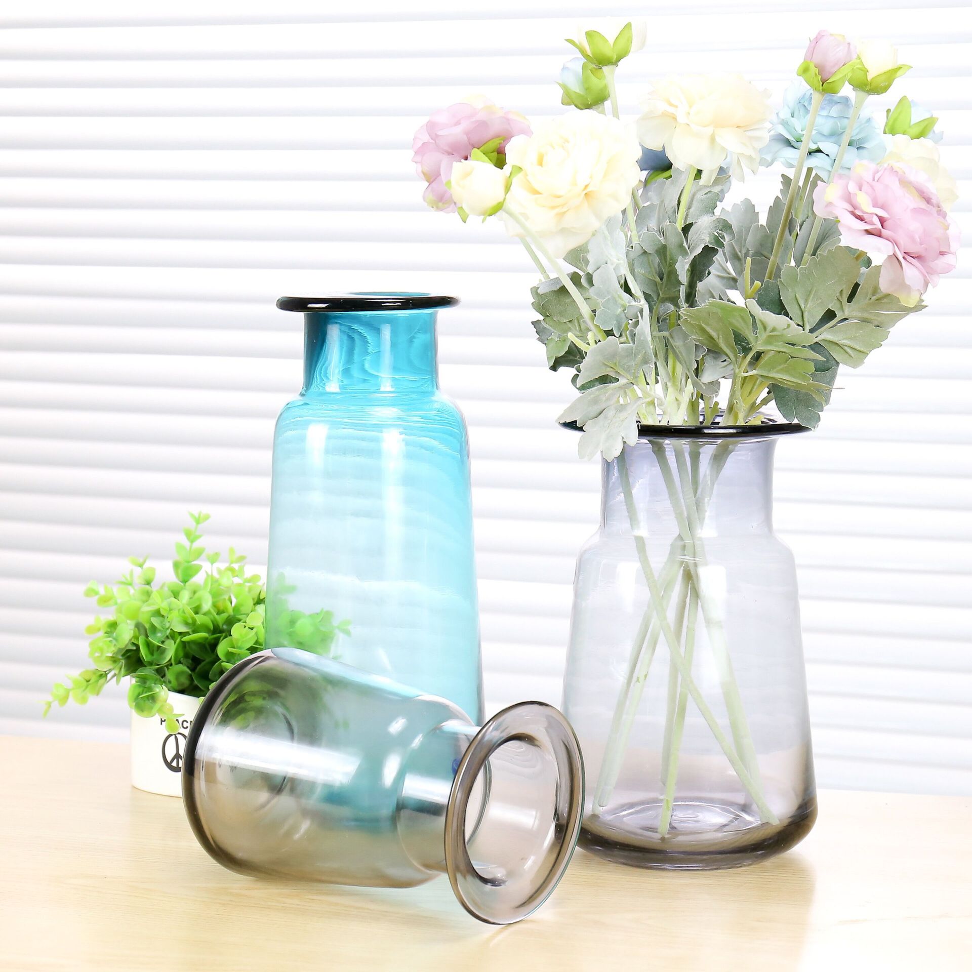 简约平口彩色玻璃花瓶透明水培 绣球仿真花套装 餐桌现代时尚花器