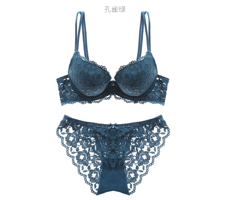 欧美少女性感蕾丝刺绣上薄下厚文胸套装加厚深v小胸聚拢女士内衣