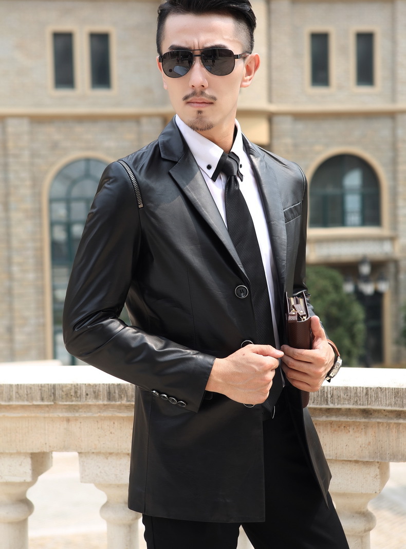 2016海宁真皮西服小牛皮西装领男单皮夹克外套薄皮衣中长款修身潮
