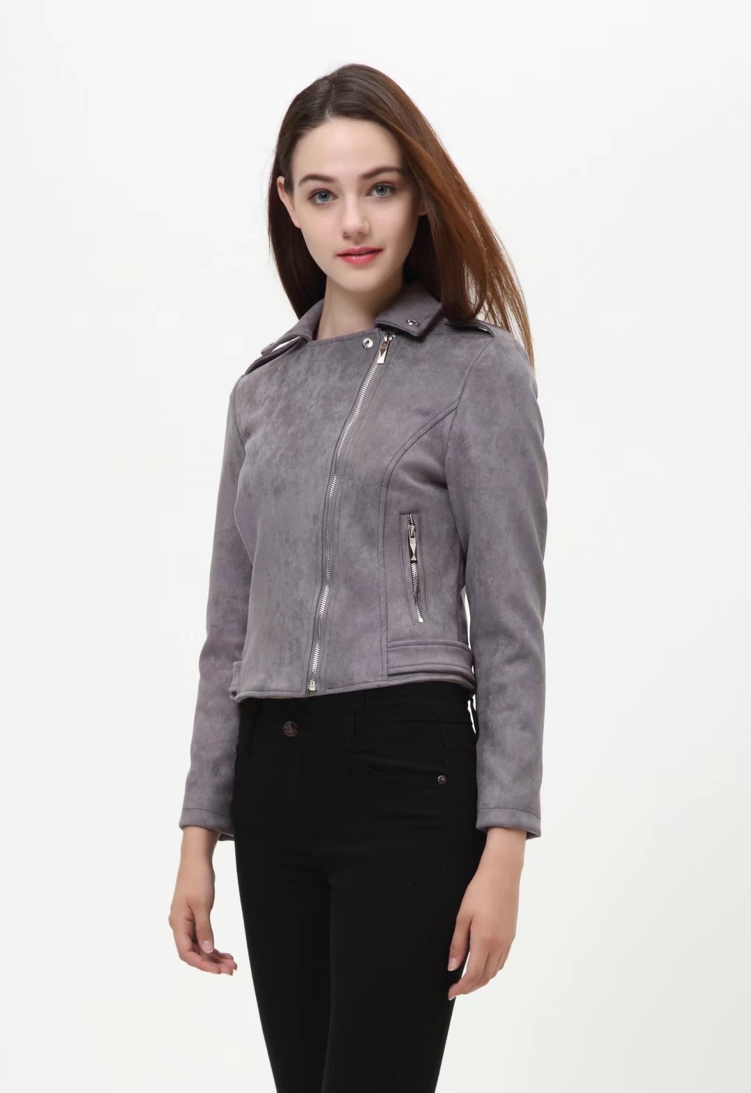 2017春款新款欧美麂皮绒皮衣修身短款皮夹克鹿皮外套女装批发