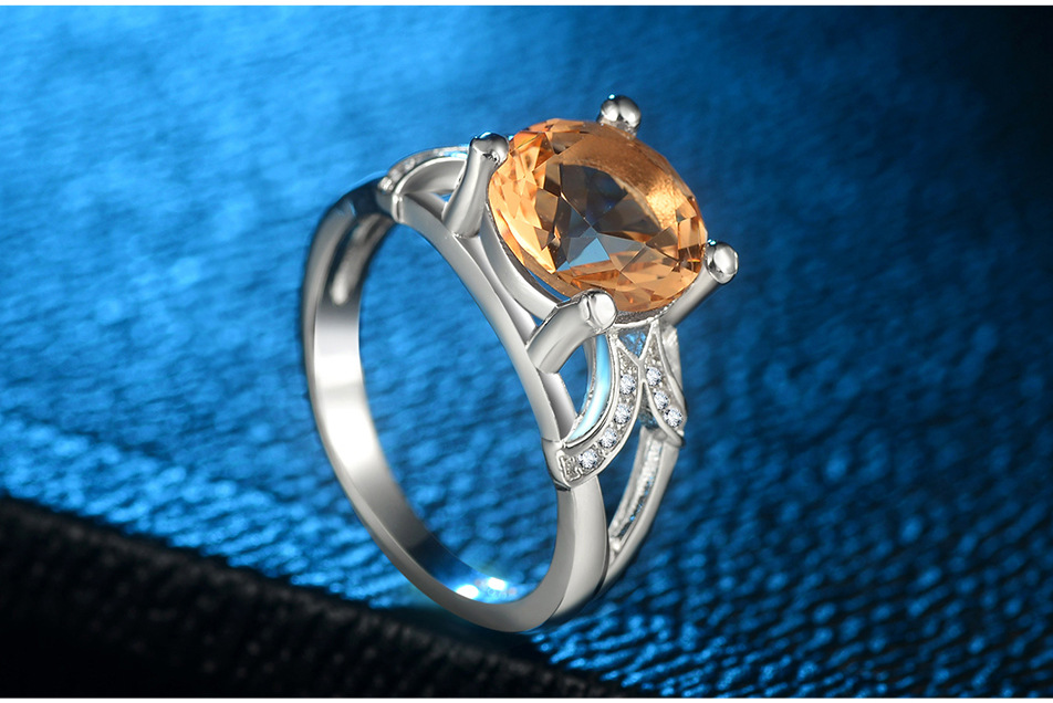 欧美流行微镶锆石香槟色水晶圆形戒指 镀925银镀白金指环饰品