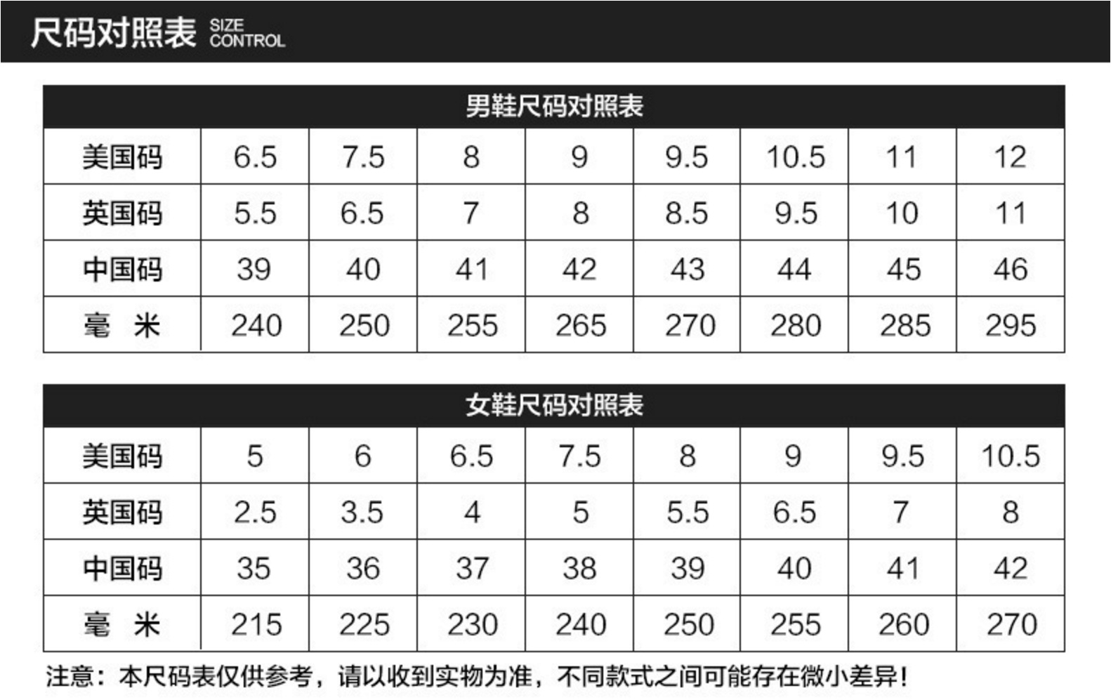 中外鞋码对照表 男士图片