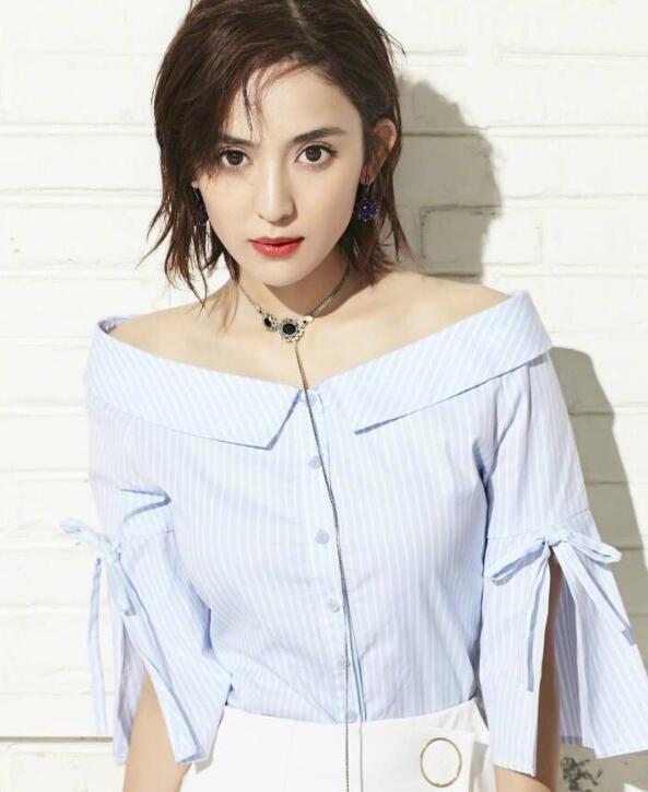 一字领露肩套装古力娜扎明星同款夏条纹衬衫两件套白色半身裙女潮