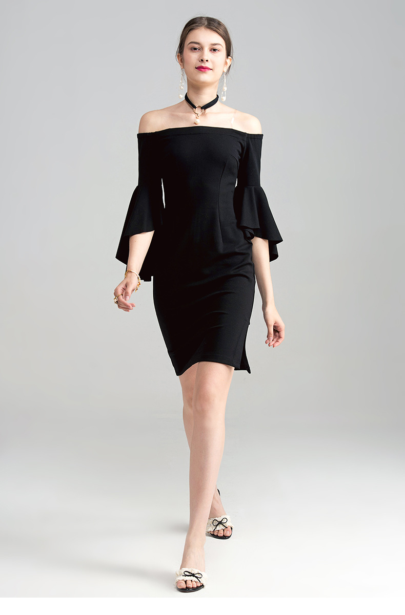 2017秋冬新品杨幂同款一字肩喇叭袖修身包臀小黑礼服连衣裙62854