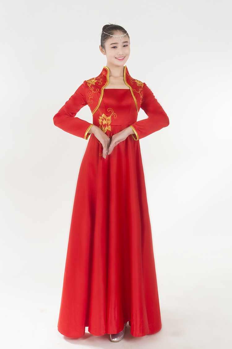 长袖大摆青花瓷长款迎宾礼仪小姐服装演出服旗袍学生合唱服 主持