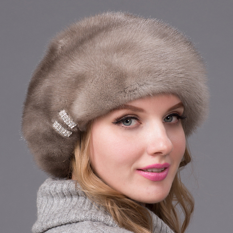 新款貂皮贝雷帽整皮水貂毛皮草帽子时尚整貂护耳帽