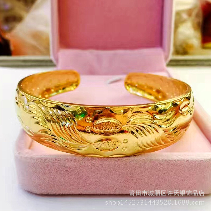 越南沙金女士新娘手镯 16厘宽面开口百福龙凤手镯婚庆黄铜电镀金