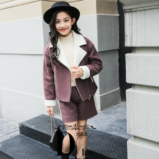 大话王原创正品2017秋冬新款女童中大童装毛尼子短裤两件套装