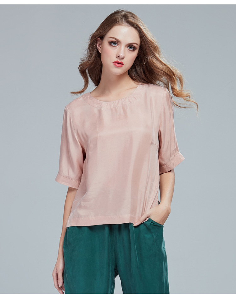 大码女装铜氨丝上衣短袖宽松夏季新品胖mm重磅真丝度假t恤衫9577