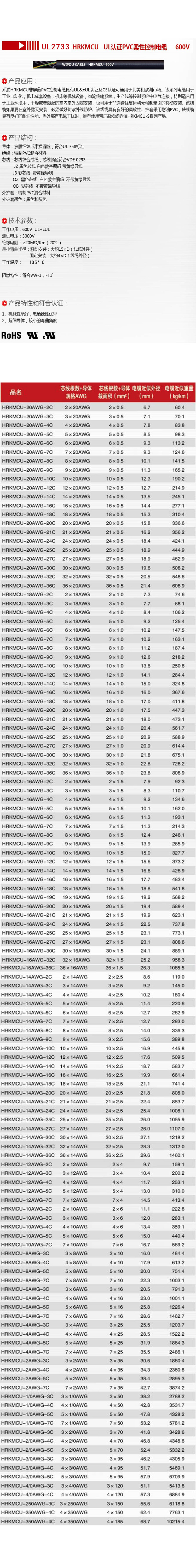 ul认证美标电源信号线ul2733-2*20awg环保阻燃多芯美标护套电缆
