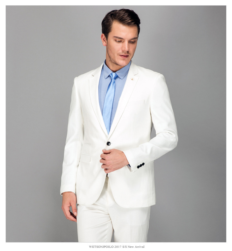 男士休闲西服棉麻两件套修身时尚型米色透气凉爽单排1扣西装男