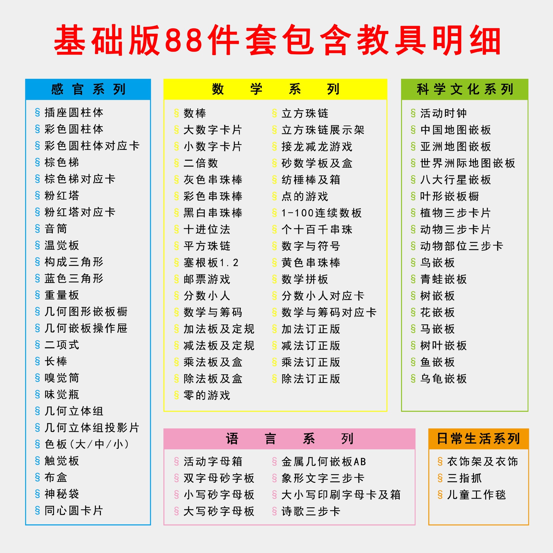 蒙氏教具88件套蒙台梭利幼儿园专业版国际版儿童早教益智玩具