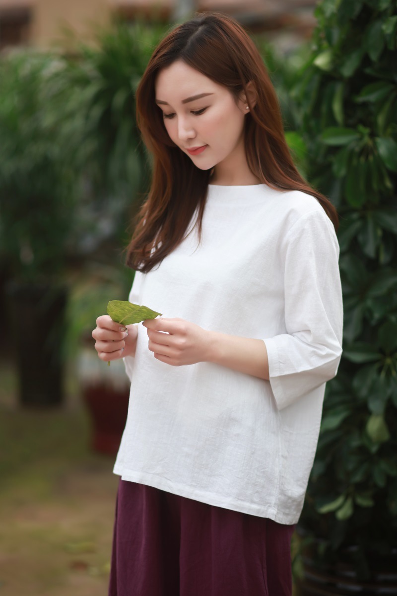 2020女装夏款水洗棉麻t恤女后扣七分袖宽松型简约棉麻短袖上衣