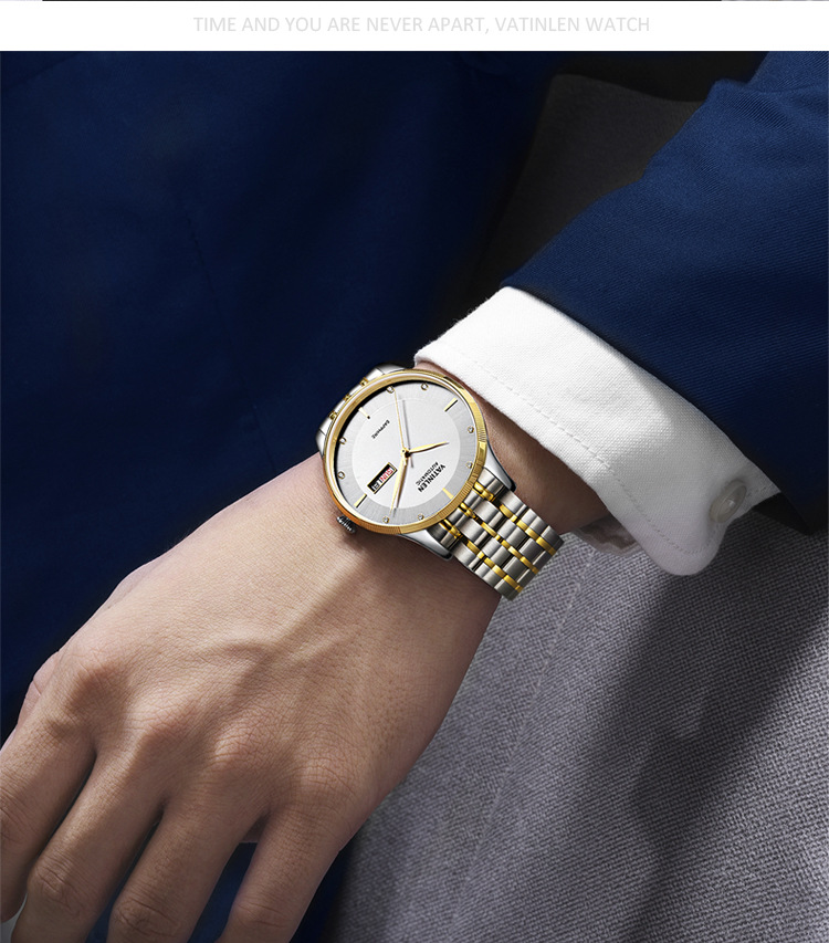 瑞士华天伦高雅男士全自动镶钻钢带机械手表商务防水日历手表