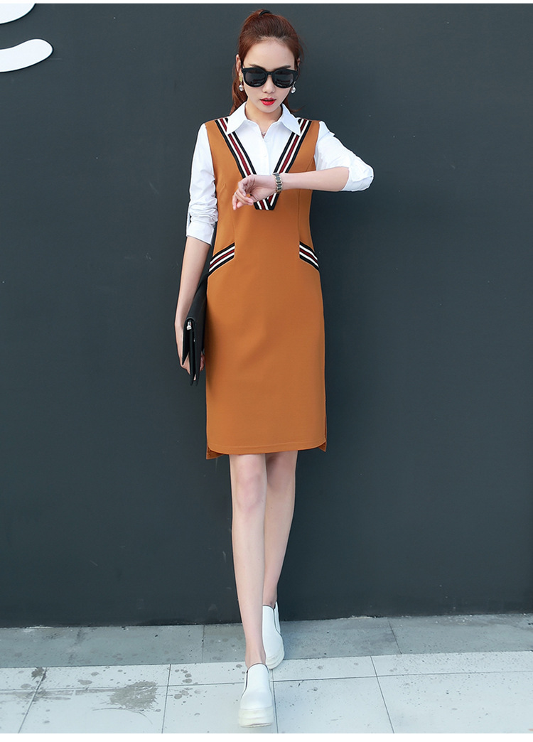 2017早春装新款女装连衣裙修身显瘦百搭休闲假两件中长款拼接裙子