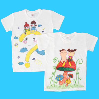 儿童手绘白色t恤衫幼儿园手工diy涂色涂鸦绘画空白纯棉加厚文化衫