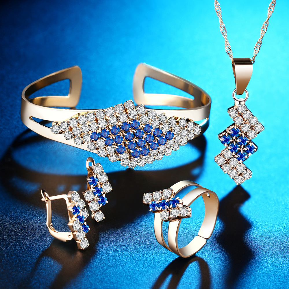 跨境火爆促销 饰品水晶创意个性时尚项链耳环戒指手镯-四件套装