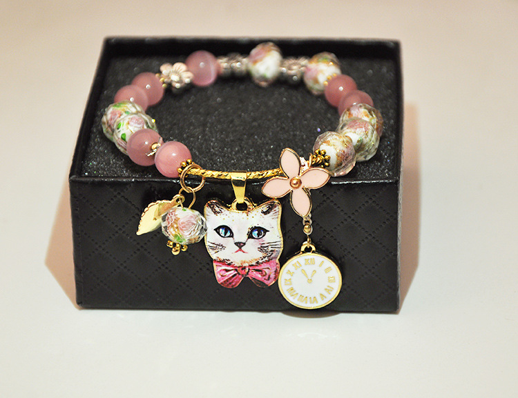 韩国东大门可爱卡通琉璃珠猫咪钟表珠珠手串手饰手链批发