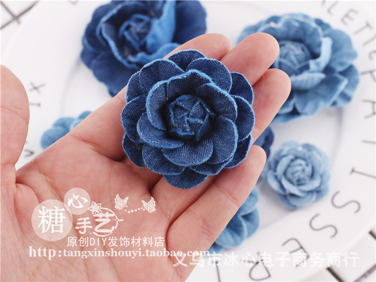 diy手工发饰材料 半成品牛仔布山茶花 布艺花朵玫瑰花 手机壳材料