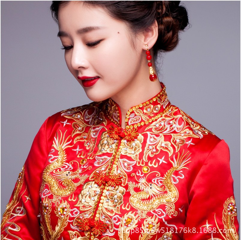 新娘红色小珍珠耳环婚纱礼服旗袍耳夹款中式古装配饰结婚耳环批发