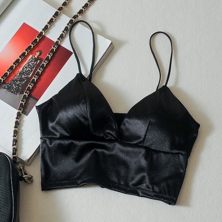 欧美细肩带性感抹胸裹胸聚拢深v小吊带上衣少女内衣带胸垫背心