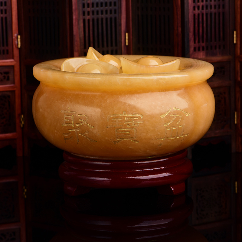 米黄玉聚宝盆大号 金元宝风水元宝玉石摆件家居摆设