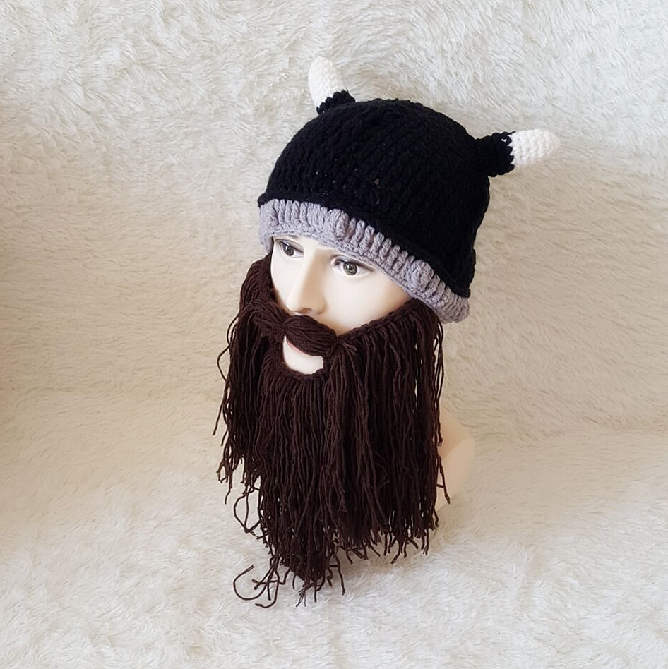 牛角帽子厂家直销秋冬欧美万圣节大胡子帽个性维京手工编织搞怪帽