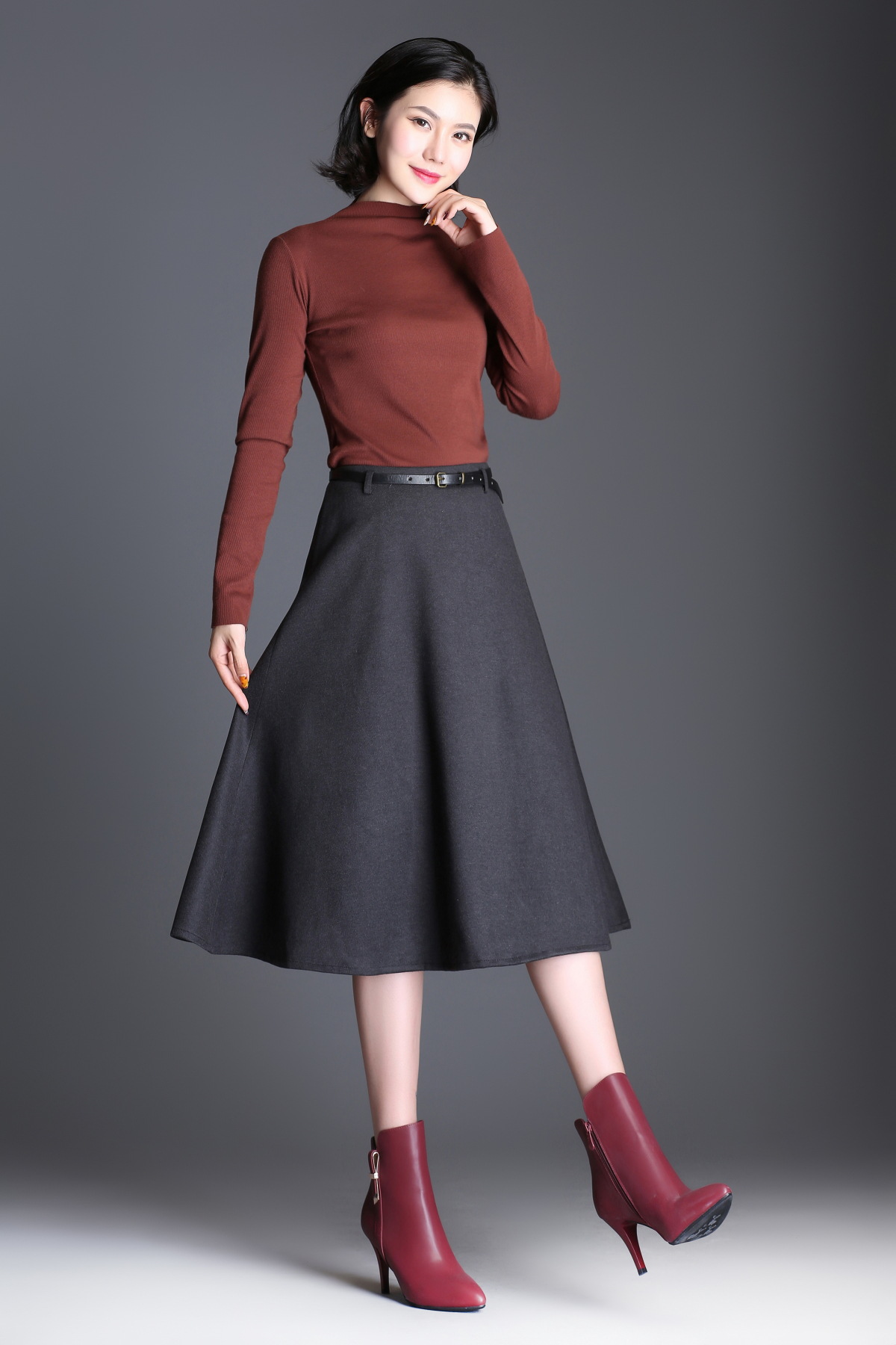 秋冬新款气质a字裙毛呢半身裙优雅中裙纯色百搭裙子女装一件代发