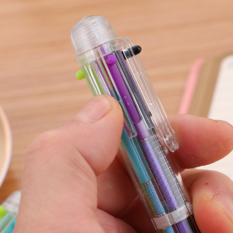 Creative Transparent 6-Color Ballpoint Pen Cute Student Stationery Multi-Color Pen Neutral Oil Pen Color Ballpoint Pen Factory Direct Sales