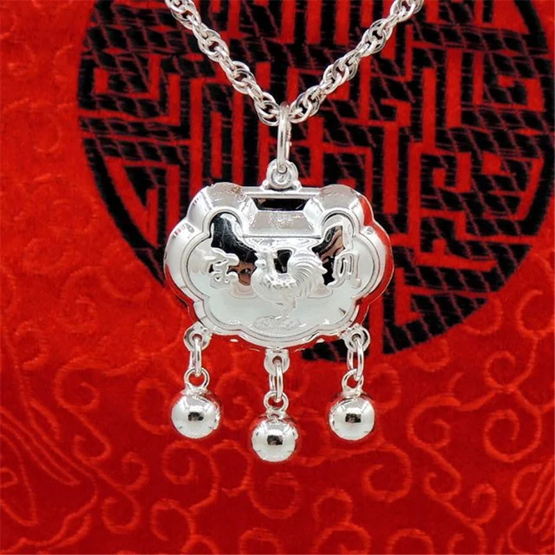 990银锁吊坠本命年鸡长命锁宝宝婴儿足银儿童吊坠小孩子银锁刻字
