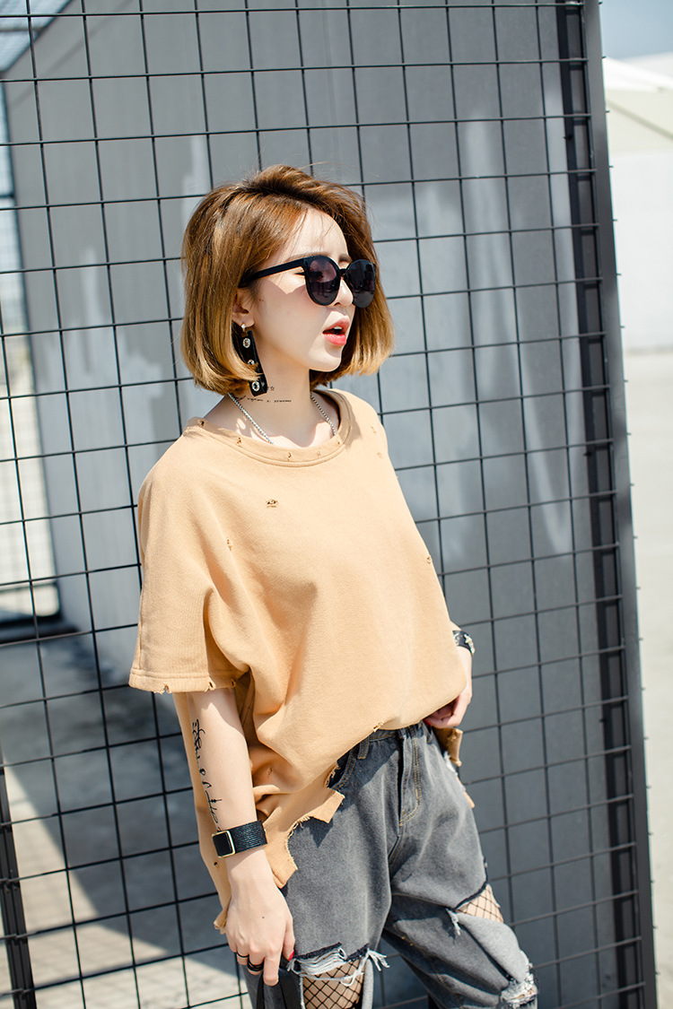 2018夏季新款纯棉女士短袖破洞宽松t恤1688女装批发韩版个性百搭