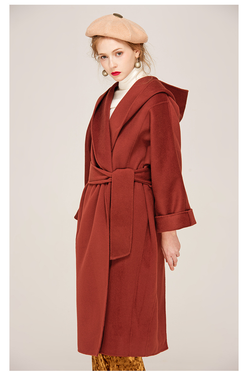 yigelila2017秋冬新款连帽中长款铁锈红双面呢羊毛大衣女9808