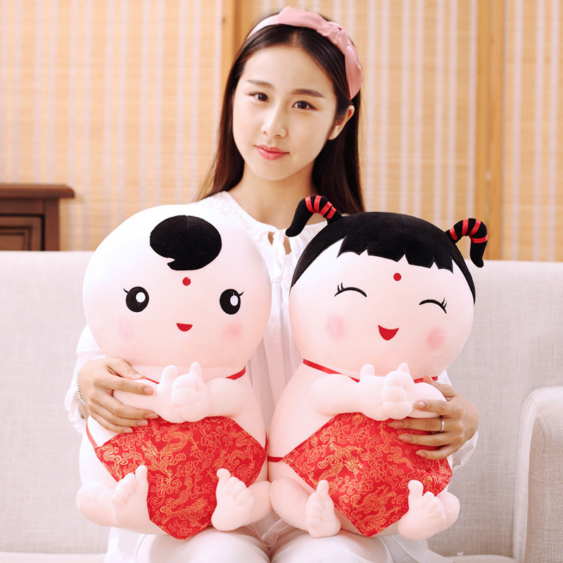 中国民族风抱枕婚庆招财瓷娃娃公仔压床毛绒玩具结婚礼物一对批发