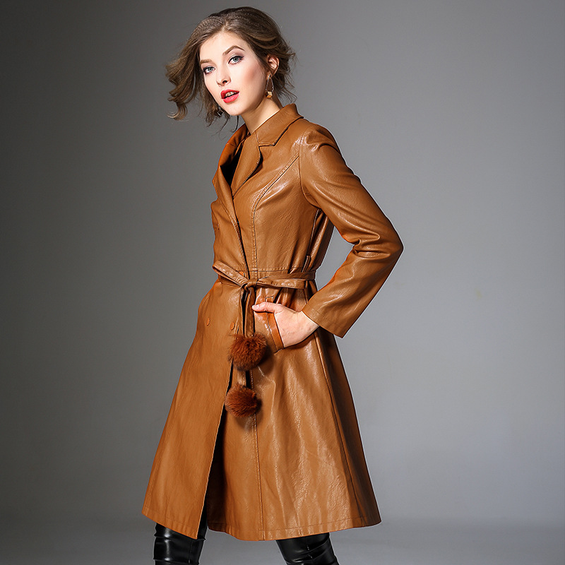 欧洲站外贸潮流欧美女装2017秋冬时尚pu中长款大码女式皮衣外套