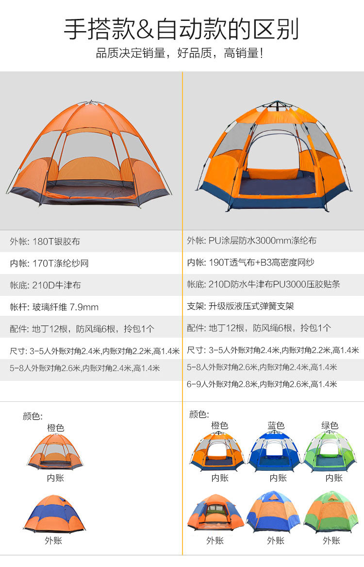 六角自动帐篷 户外3-4人5-8人多人双层大帐篷露营野营郊游防雨