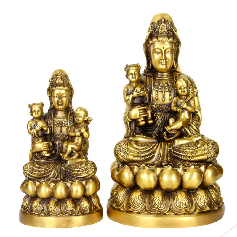 坐莲花黄铜送子观音菩萨抱孩观音佛像摆件黄铜观世音居家供奉用品