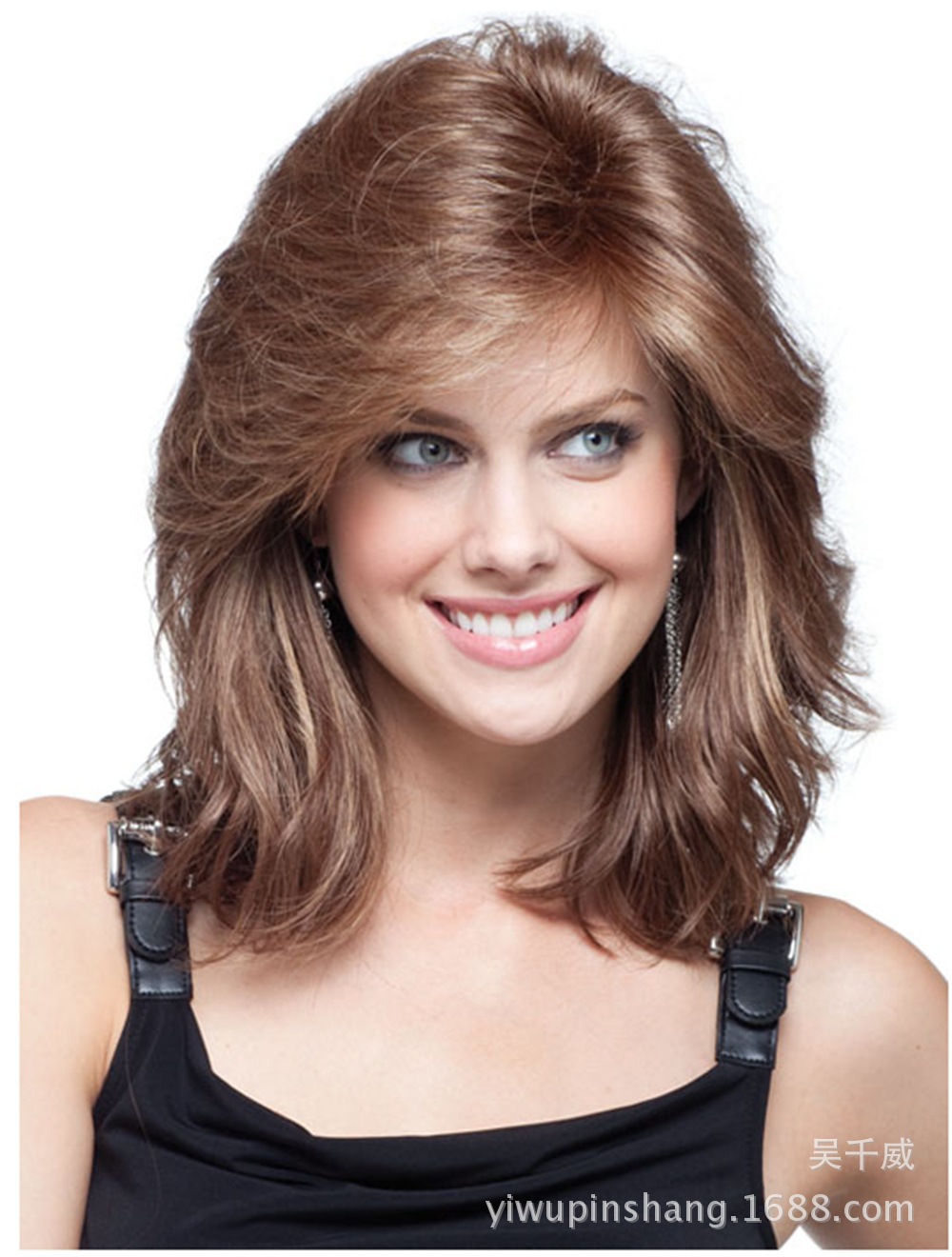 欧美速卖通ebay 高温丝亚马逊中长卷假发棕色外国人假发