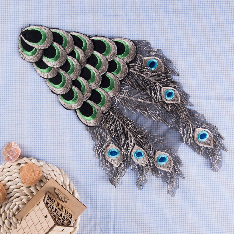精美刺绣孔雀羽毛衣服装饰品布贴补丁贴手工diy彩色服装辅料ca01