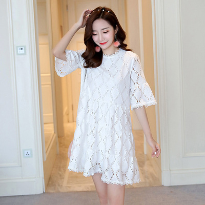 孕妇裙(实拍)春夏新款清新白色镂空喇叭袖连衣裙