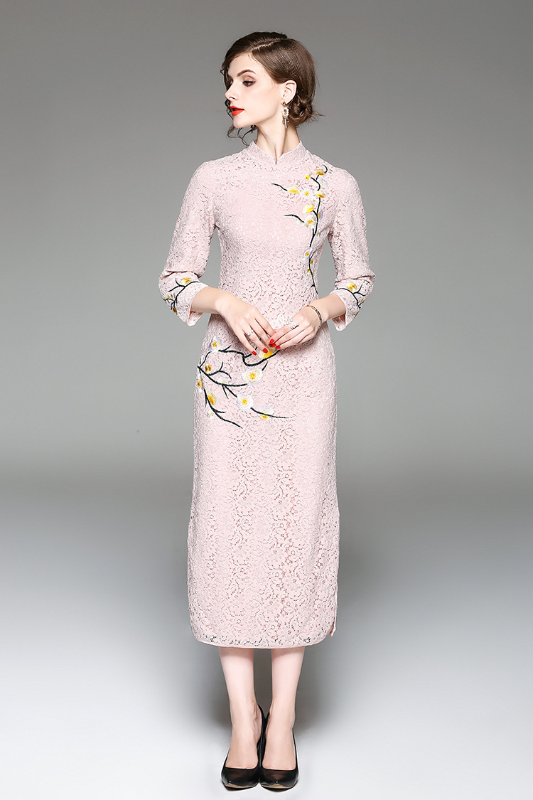 yfn- 17100新款蕾丝花朵刺绣长裙