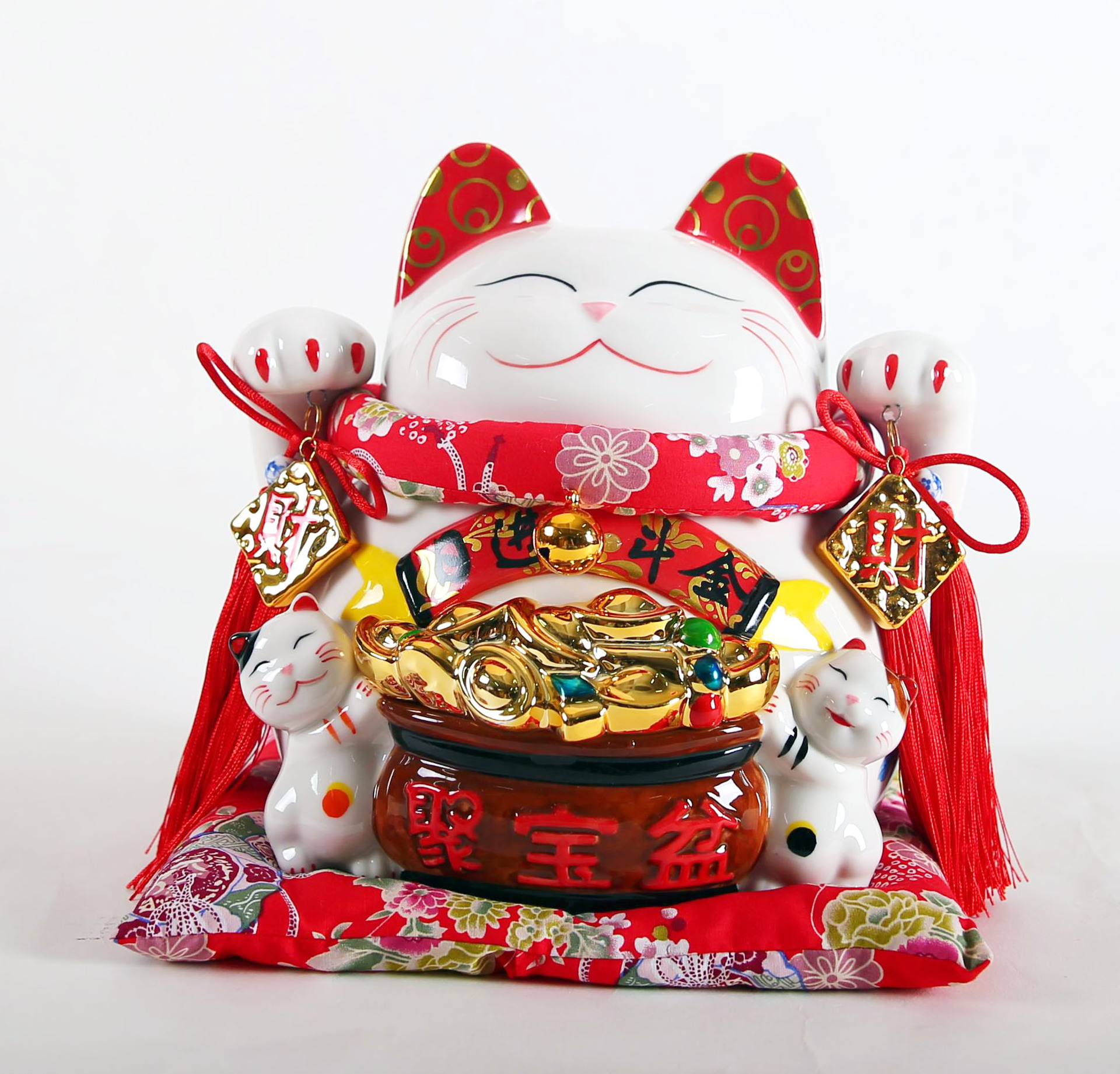 万亿堂中国风陶瓷招财猫存钱储蓄罐11寸日进斗金聚宝盆(布)开业