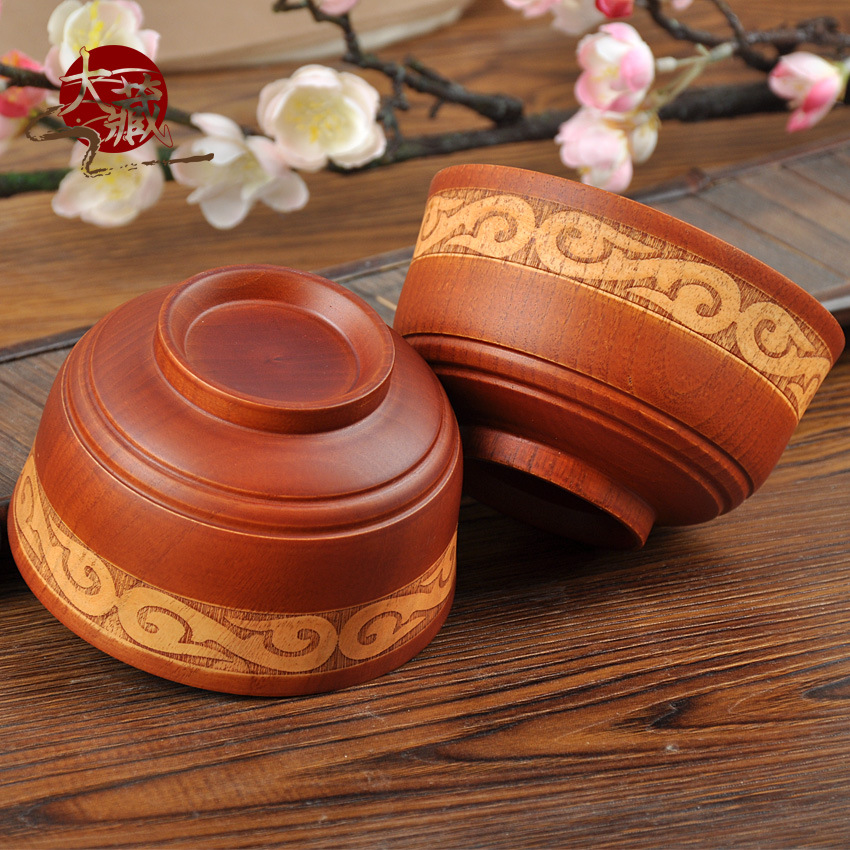 蒙古族特色祥云纹返边木碗 创意中式民族风餐具 实木雕刻花纹木碗