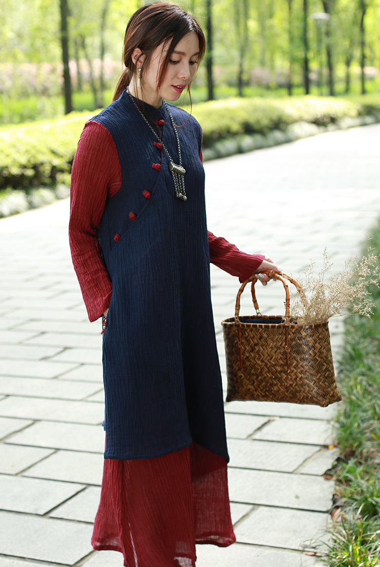 枝牌春秋季复古长袍棉麻女装民族风斜襟错层长袖长袍长袖秋装批发